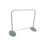 QuickFit aluminum tube barrier frame with two round bases before fabric installation