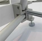 Close-up of the lower connector on a curved aluminum pop-up display frame