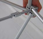 Close-up of a tool-free locking connector on the pop-up display frame