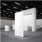 QuickFit Straight fabric banner stand displayed in a modern trade show booth