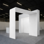 Square tension fabric arch installed as a trade show and event entrance