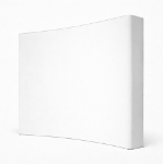 Angled view of a curved fabric pop-up display with wraparound endcaps