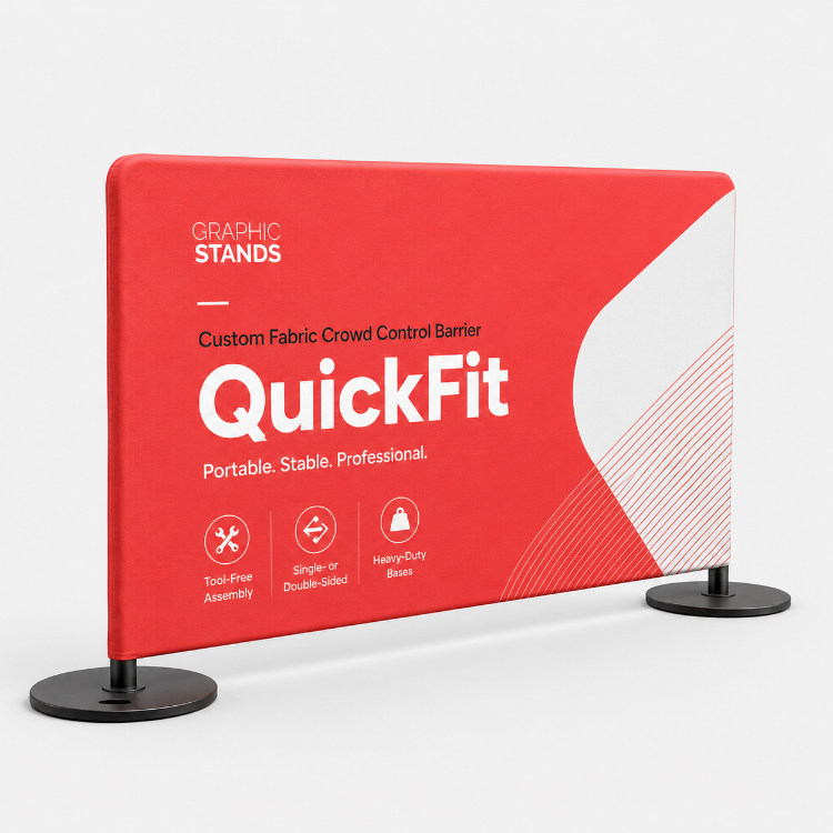 QuickFit custom fabric crowd control barrier with red branded graphic and two round bases