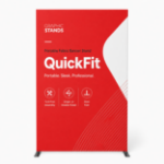 QuickFit straight fabric banner stand with square corners, custom red graphic and steel feet