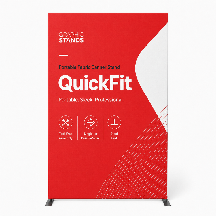 QuickFit straight fabric banner stand with square corners, custom red graphic and steel feet