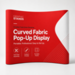 Graphic Stands red curved fabric pop-up display with custom printed trade show graphic