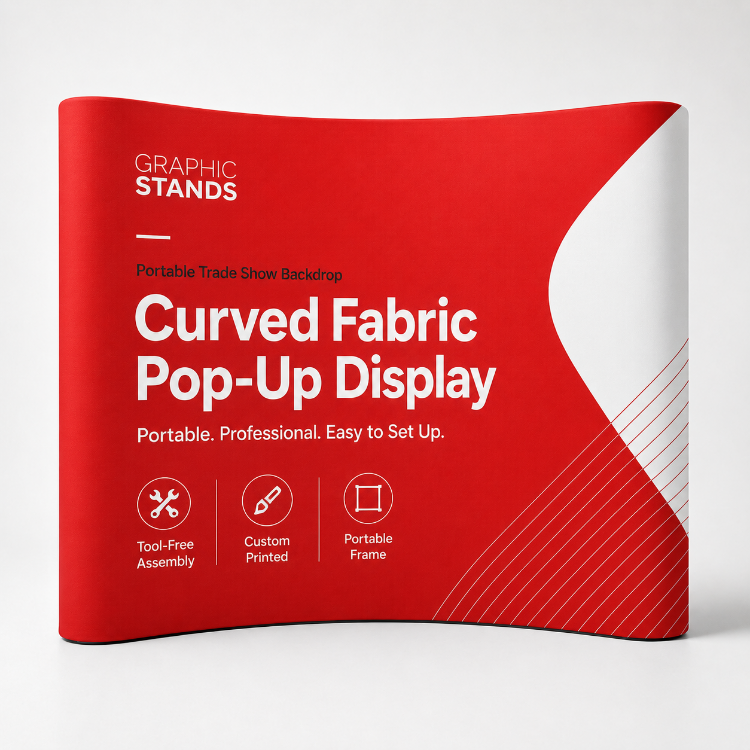 Graphic Stands red curved fabric pop-up display with custom printed trade show graphic