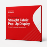Straight fabric pop-up display with custom red Graphic Stands print and visible side depth
