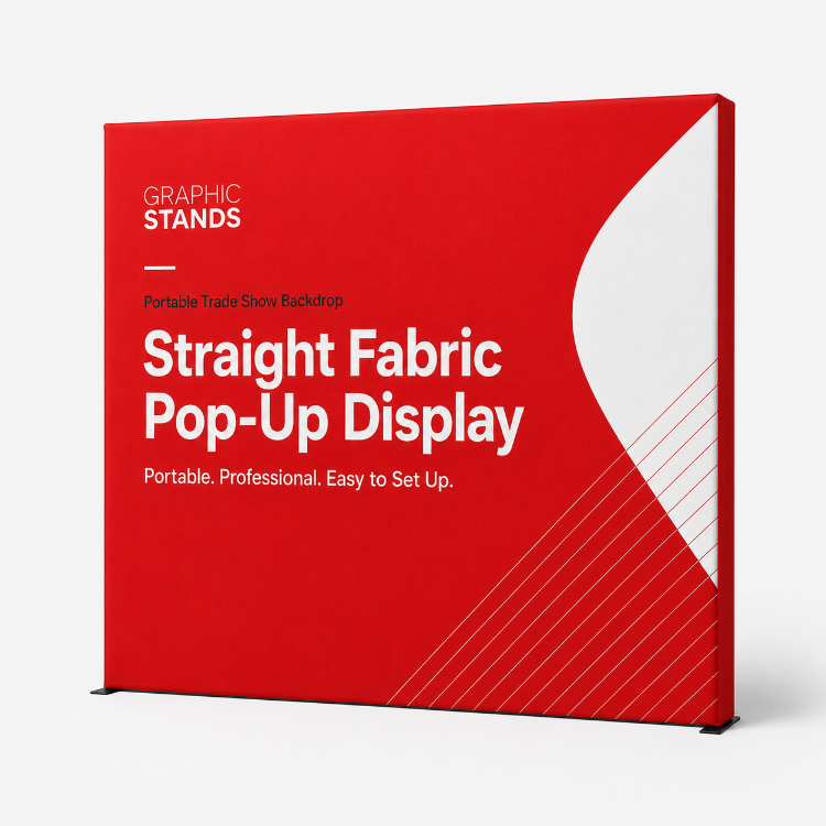 Straight fabric pop-up display with custom red Graphic Stands print and visible side depth