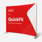 C-shaped tension fabric backdrop with custom Graphic Stands print