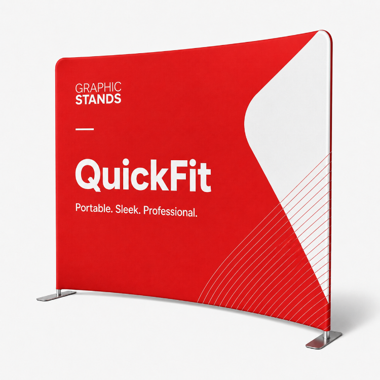 C-shaped tension fabric backdrop with custom Graphic Stands print