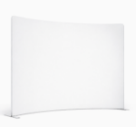 C-shaped tension fabric backdrop with white fabric graphic and steel feet
