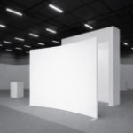 C-shaped tension fabric backdrop displayed in a trade show booth