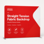Straight tension fabric backdrop with custom Graphic Stands print and stabilizing feet