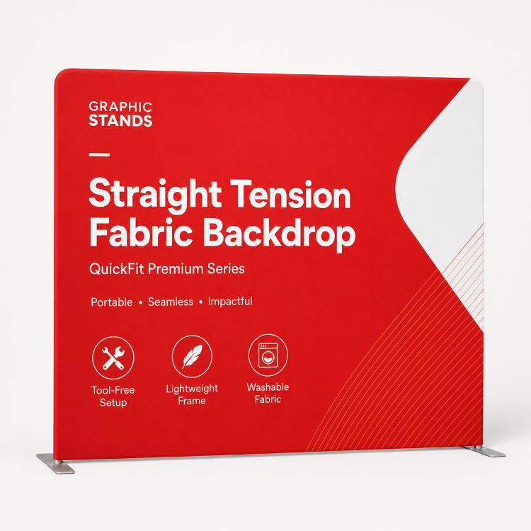 Straight tension fabric backdrop with custom Graphic Stands print and stabilizing feet