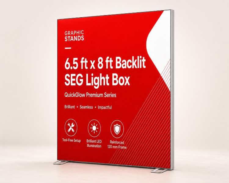 6.5 ft x 8 ft QuickGlow Premium backlit SEG light box with aluminum frame and LED illumination