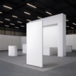 Freestanding SEG fabric banner stand displayed in a professional trade show booth