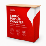Fabric Pop-Up Counter – QuickPop Essential Series with custom wraparound graphic and light wood countertop