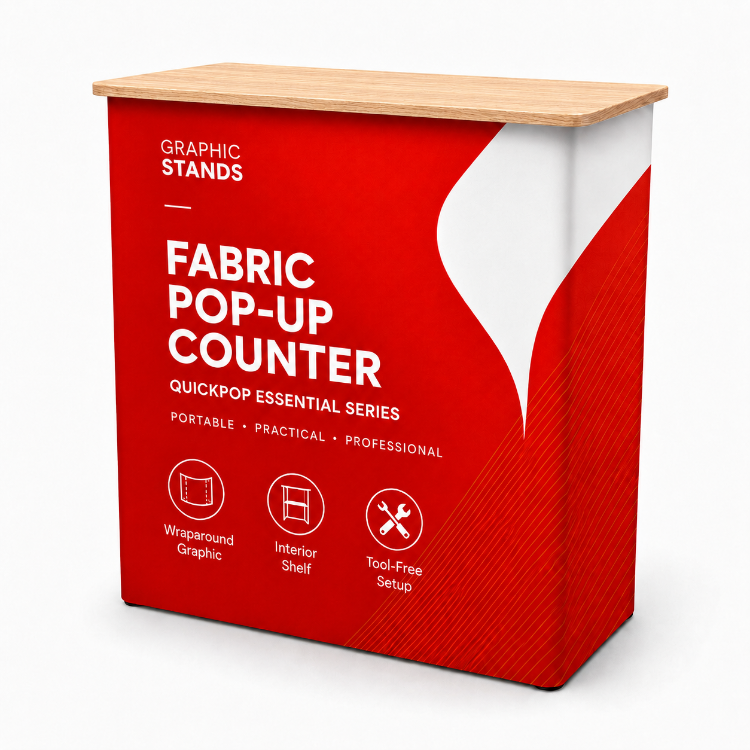 Fabric Pop-Up Counter – QuickPop Essential Series with custom wraparound graphic and light wood countertop