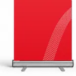 Close-up of the silver retractable banner cassette, printed panel and two stabilizing feet