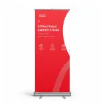 Economy Series silver retractable banner stand with complete Graphic Stands print, shown from the front