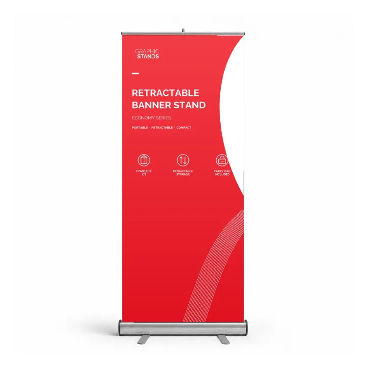Economy Series silver retractable banner stand with complete Graphic Stands print, shown from the front