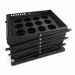 Black six-pocket literature stand folded into its compact transport form