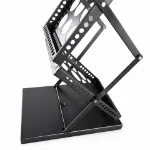 Black base plates and cross-braced lower support of folding literature stand